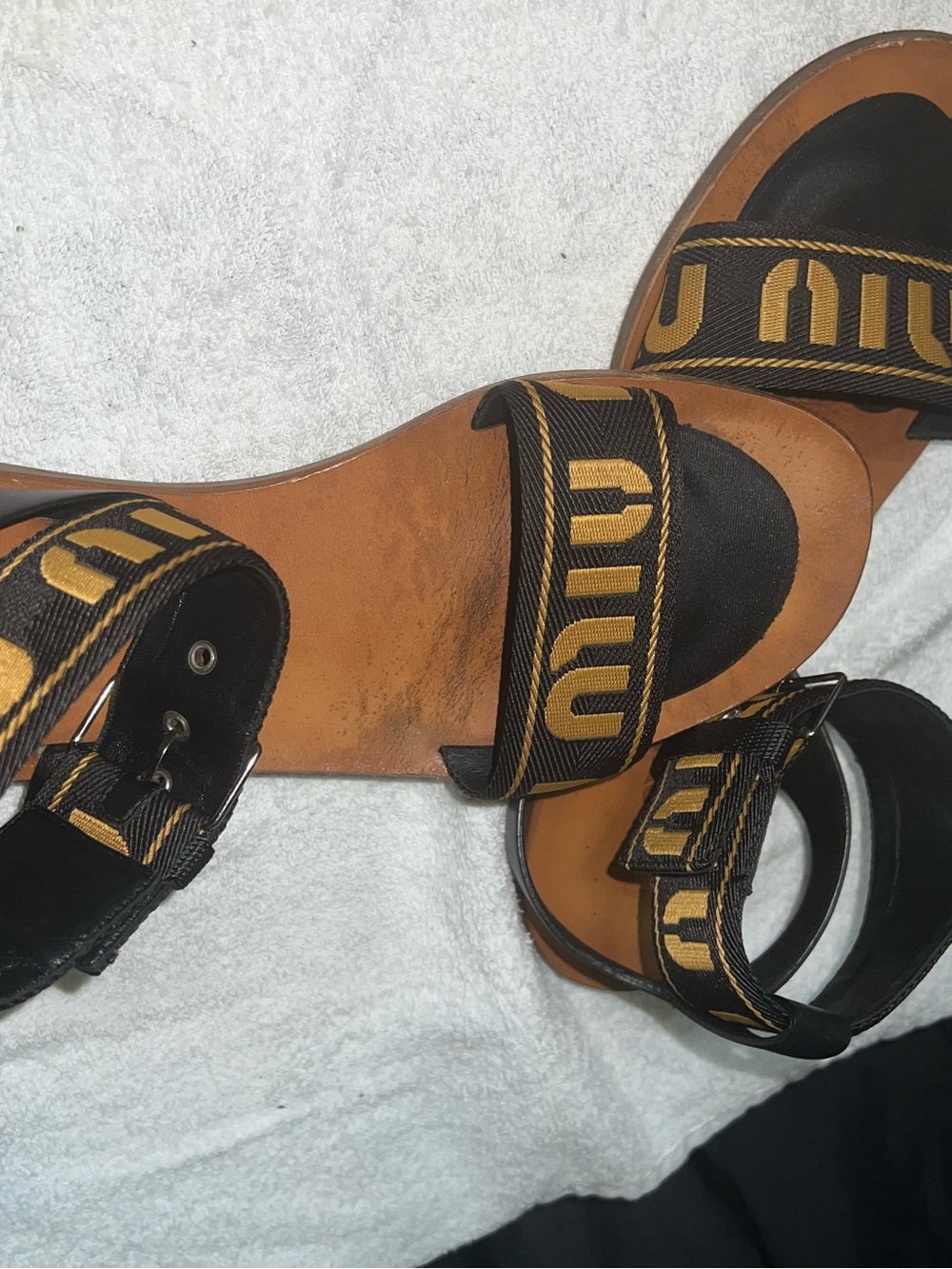 Miu Miu Black and Gold Logo Strap Tan Leather Sandals - Picture 7 of 7